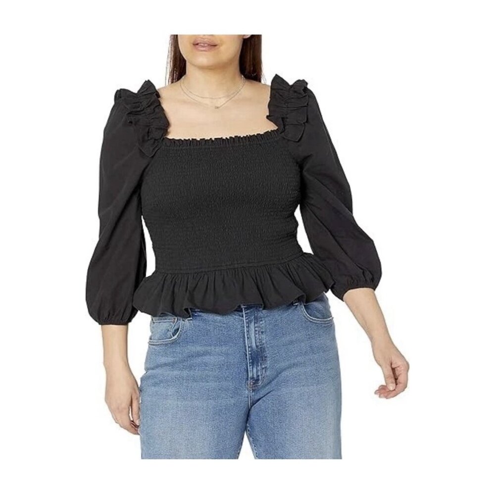 The Drop Marisol Smocked Top NEW 3/4 Sleeve Boho Festival Shirt Black R2